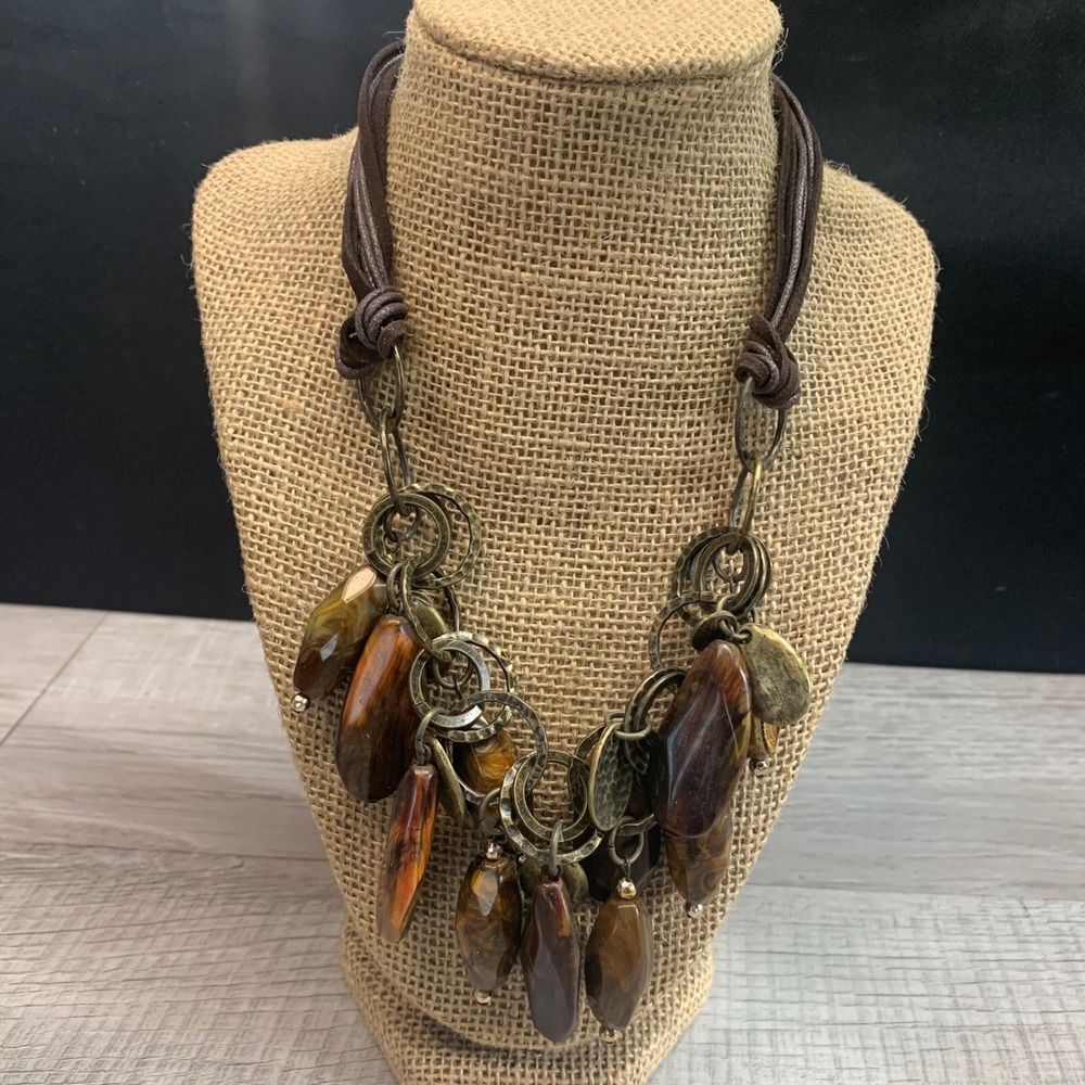 Boho Brown Multi Strand Cord Statement Necklace Faux Tigers Eye 18" 5595